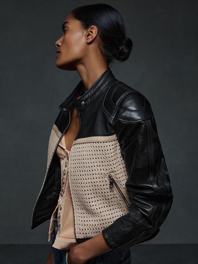 reiss Atelier Leather Woven Biker Jacket in Black