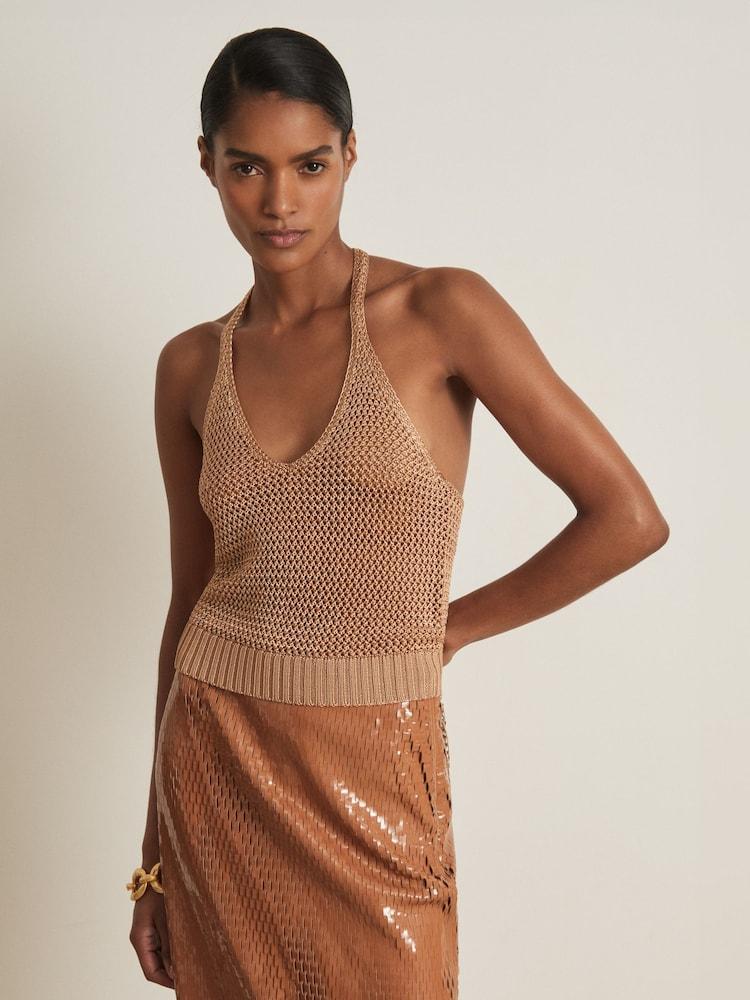 reiss Atelier Open-Knit Halterneck Top in Gold