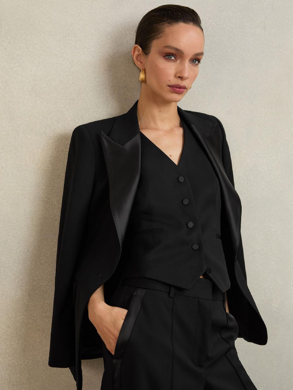 Reiss Atelier Wool-Blend Tuxedo Waistcoat In Black