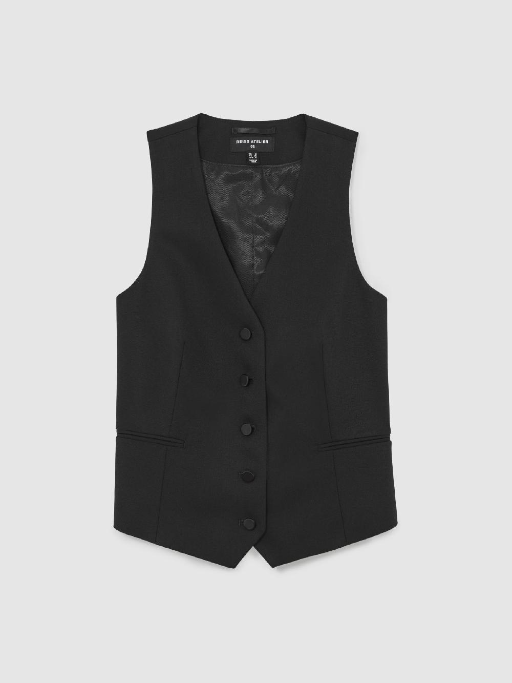 Reiss Atelier Wool-Blend Tuxedo Waistcoat In Black