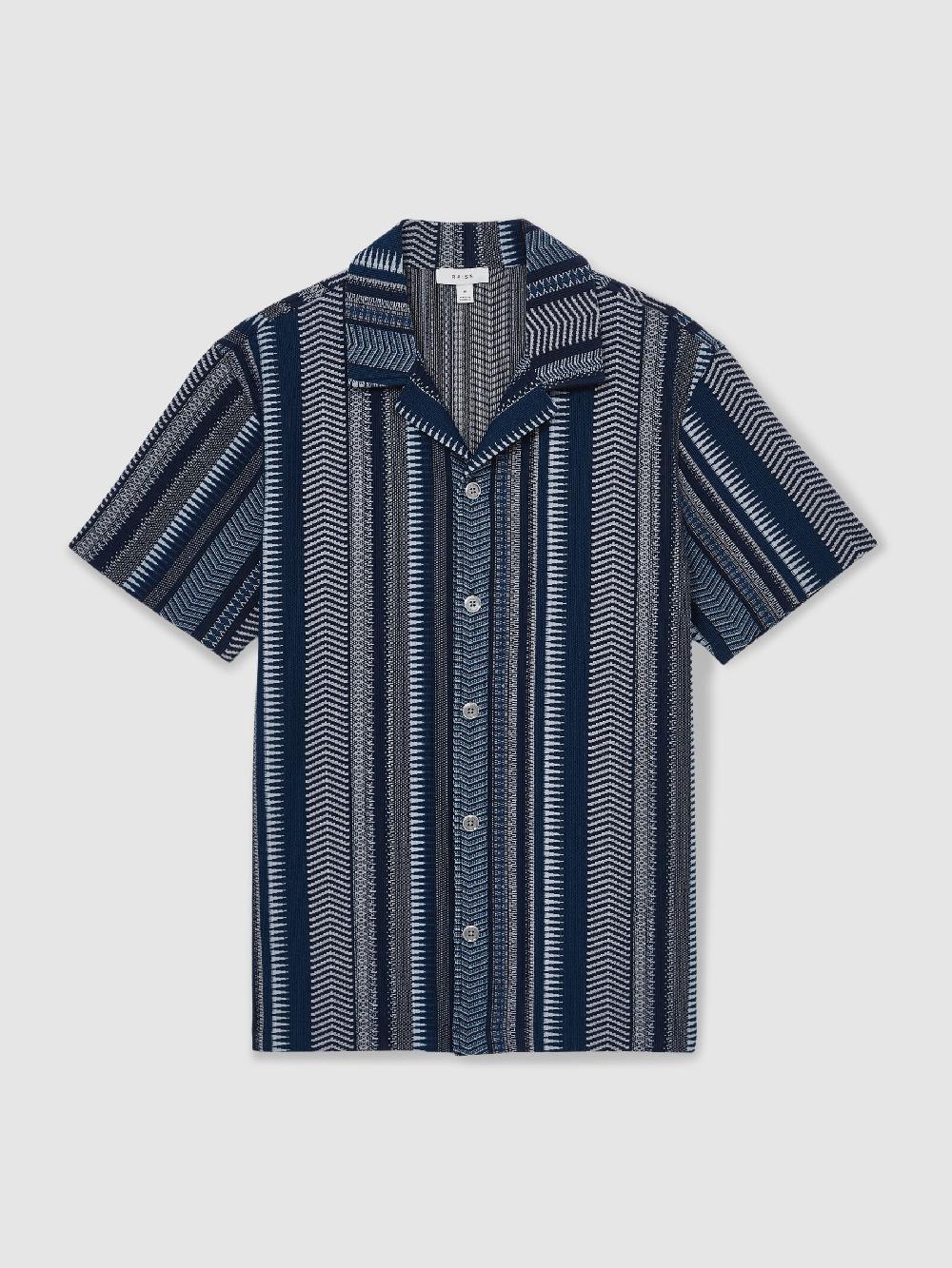 Reiss Aztec-Stripe Cuban-Collar Shirt In Navy