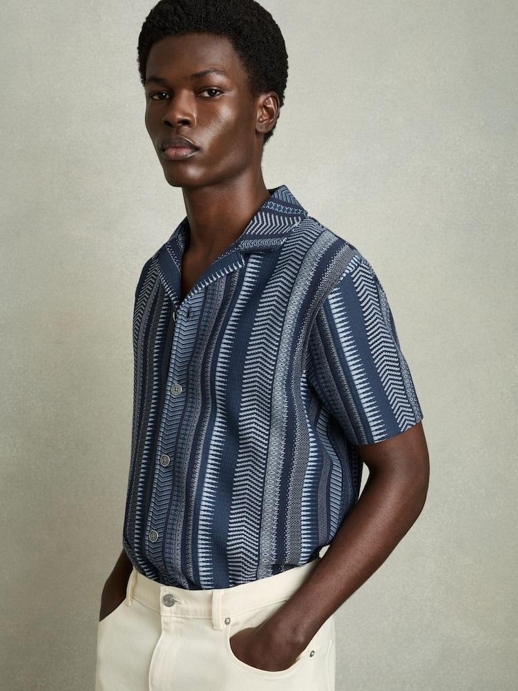 reiss Aztec-Stripe Cuban-Collar Shirt in Navy