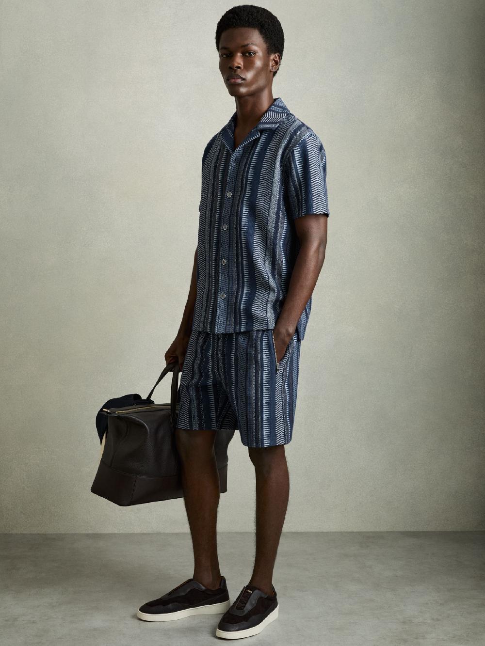 Reiss Aztec-Stripe Drawstring Shorts In Navy