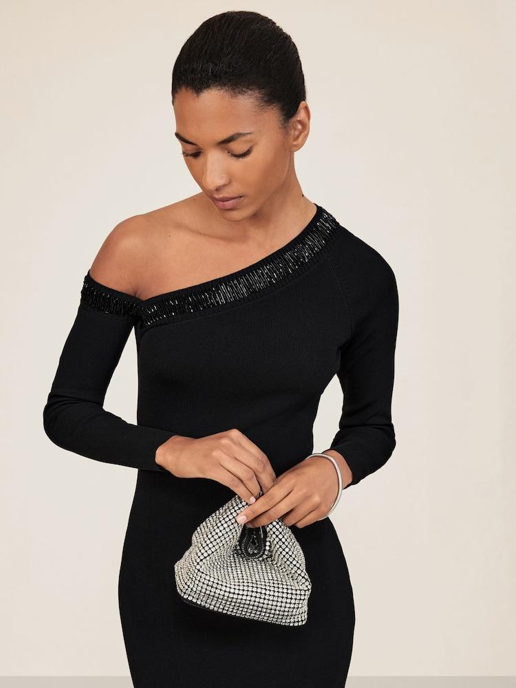 reiss Bead-Detail Off-Shoulder Knit Dress in Black