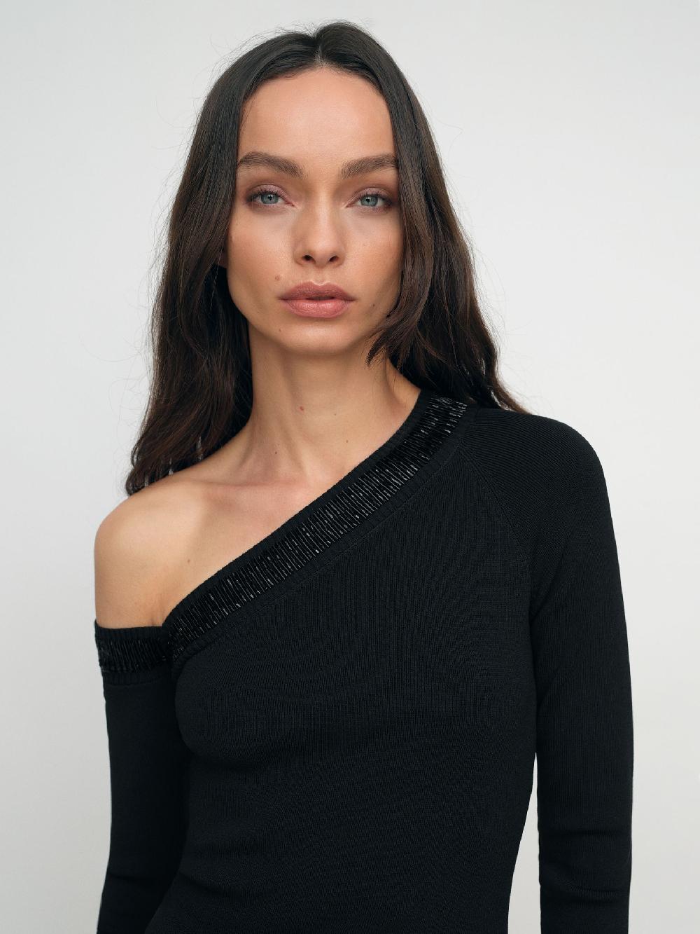 Reiss Bead-Detail Off-Shoulder Knit Top In Black