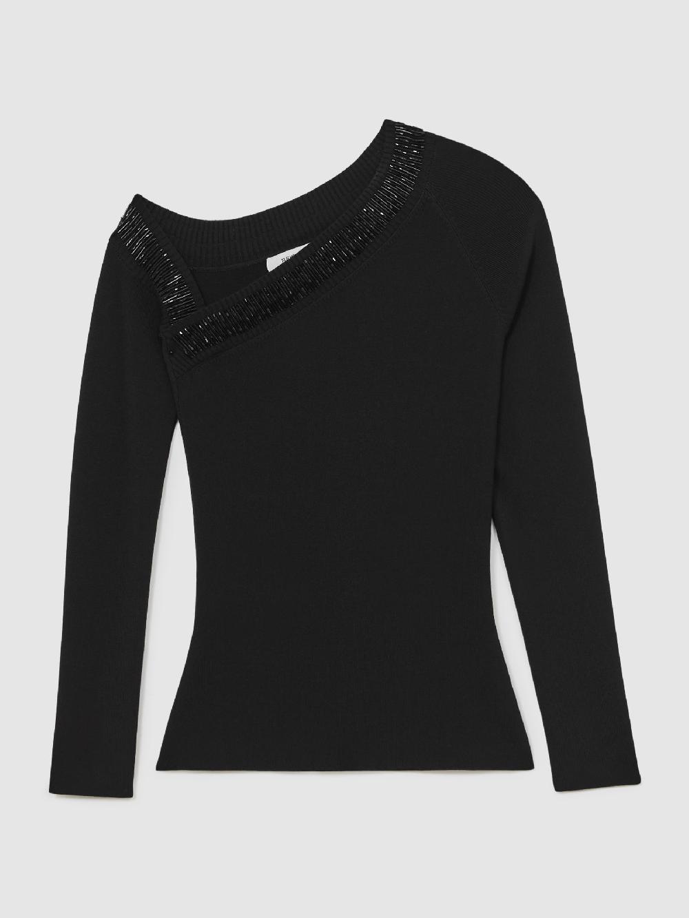 Reiss Bead-Detail Off-Shoulder Knit Top In Black