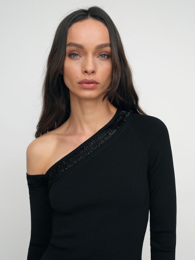 reiss Bead-Detail Off-Shoulder Knit Top in Black