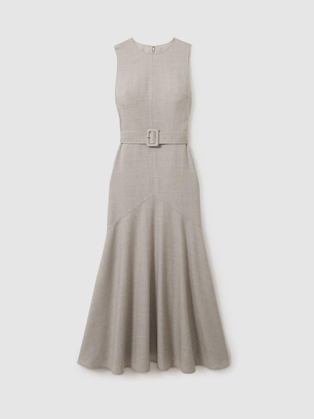 Reiss Belted Flared Midi Dress In Grey