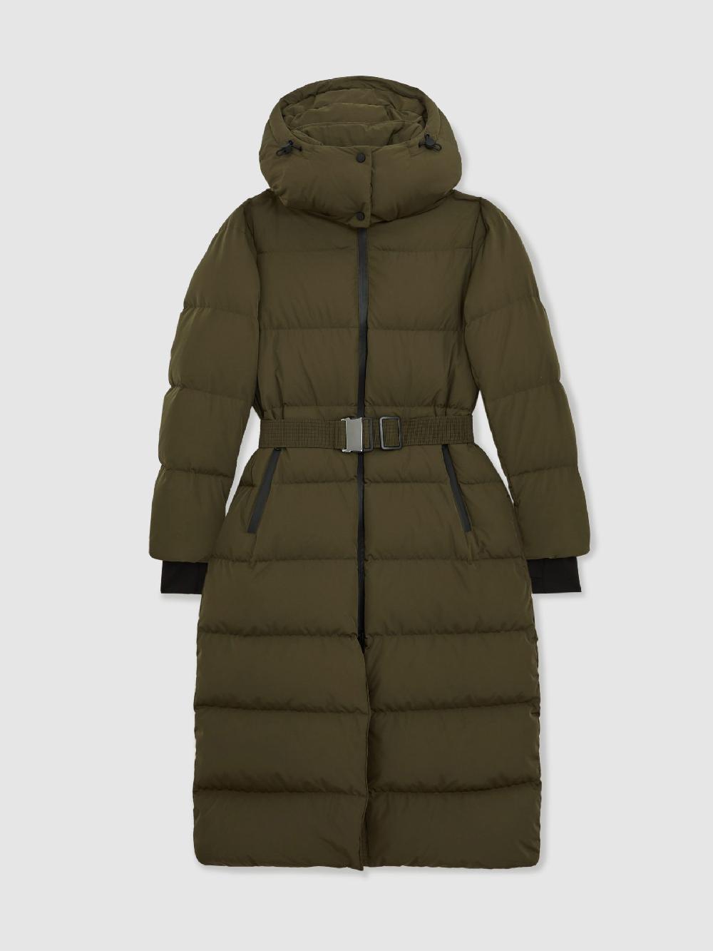 Reiss Belted Longline Hooded Puffer Coat In Khaki