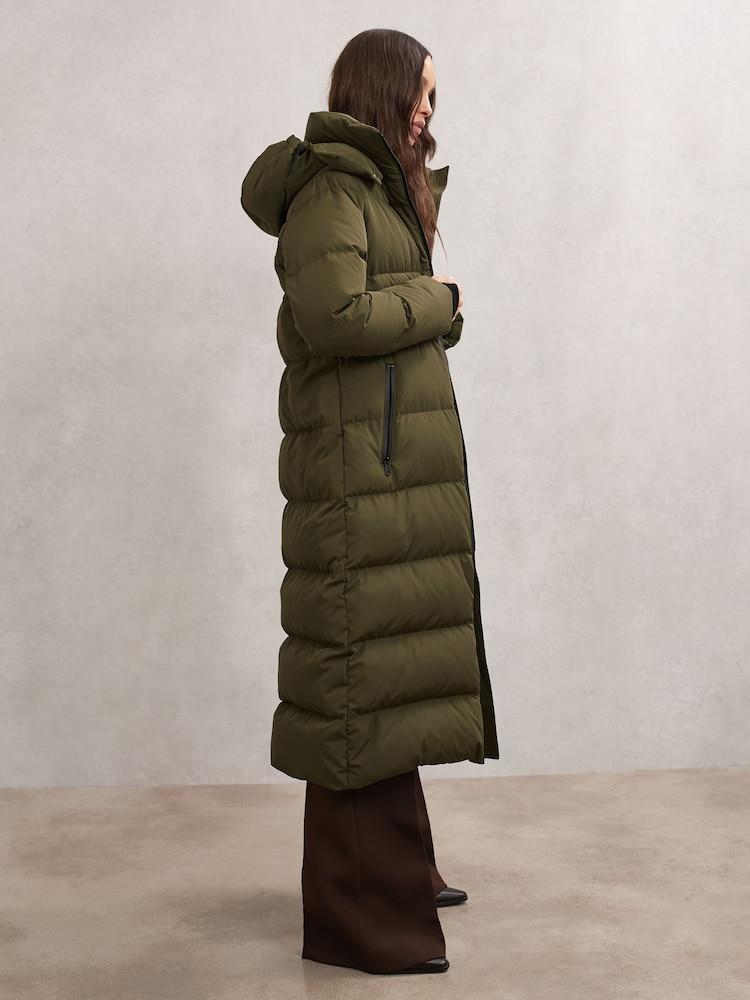 reiss Belted Longline Hooded Puffer Coat in Khaki
