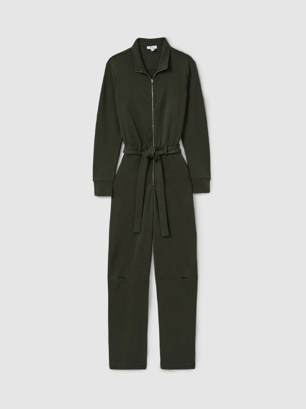 Reiss Belted Loopback-Jersey Jumpsuit In Khaki