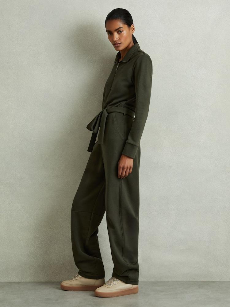 reiss Belted Loopback-Jersey Jumpsuit in Khaki