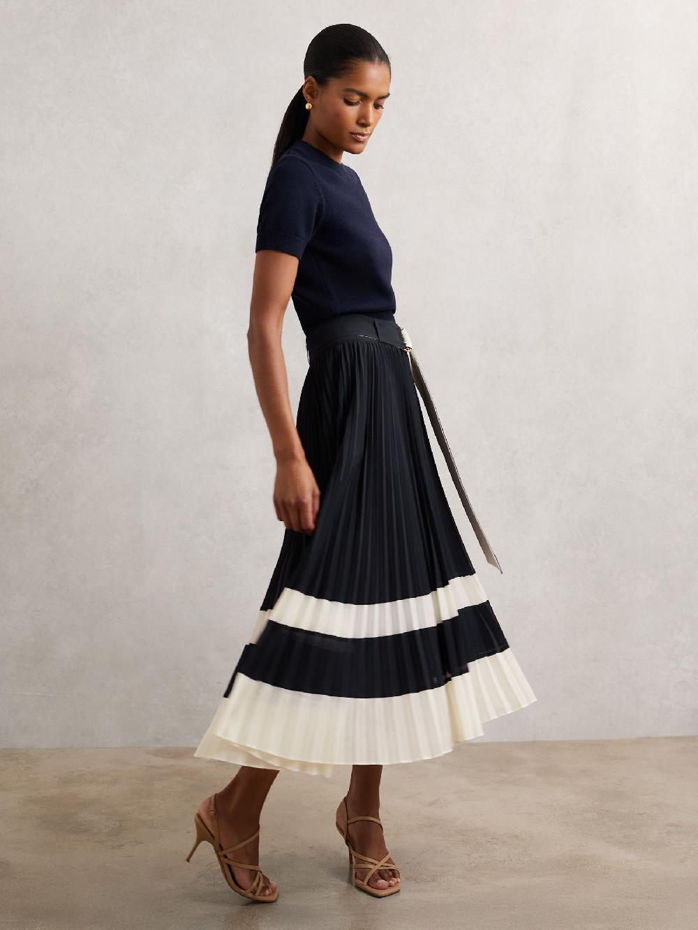 Reiss Belted Pleated Midi Skirt In Navy/Ivory