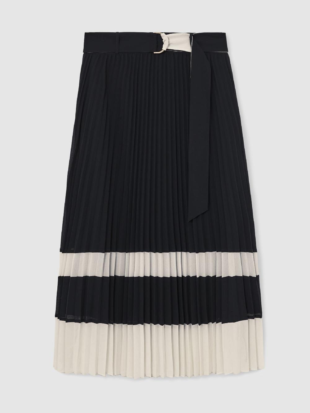 Reiss Belted Pleated Midi Skirt In Navy/Ivory