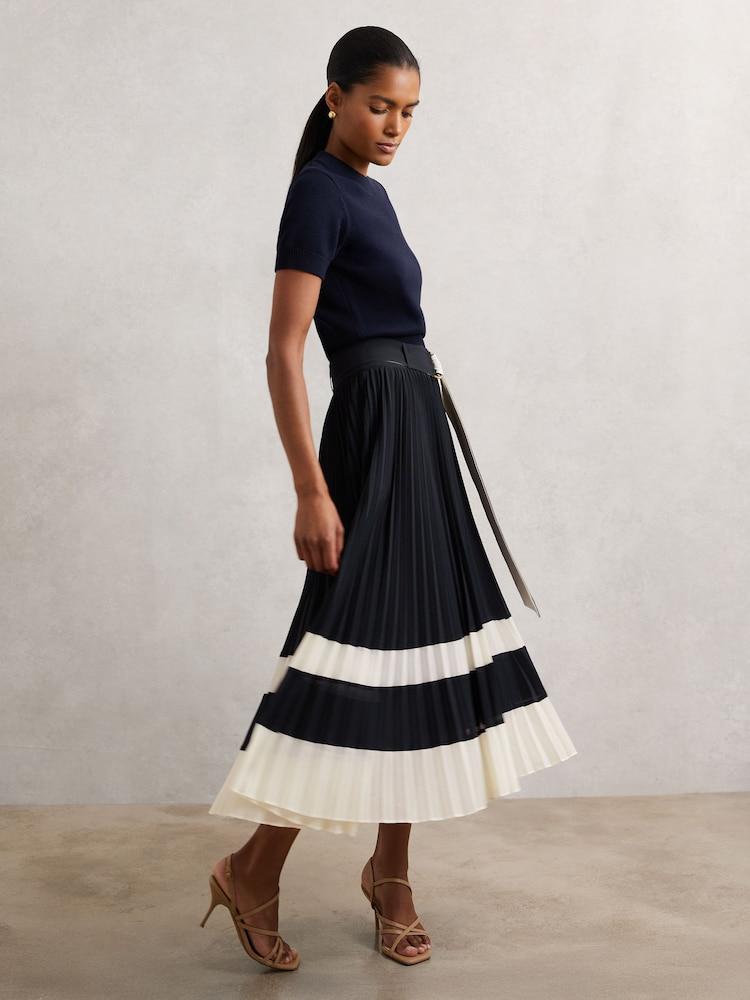 reiss Belted Pleated Midi Skirt in Navy/Ivory