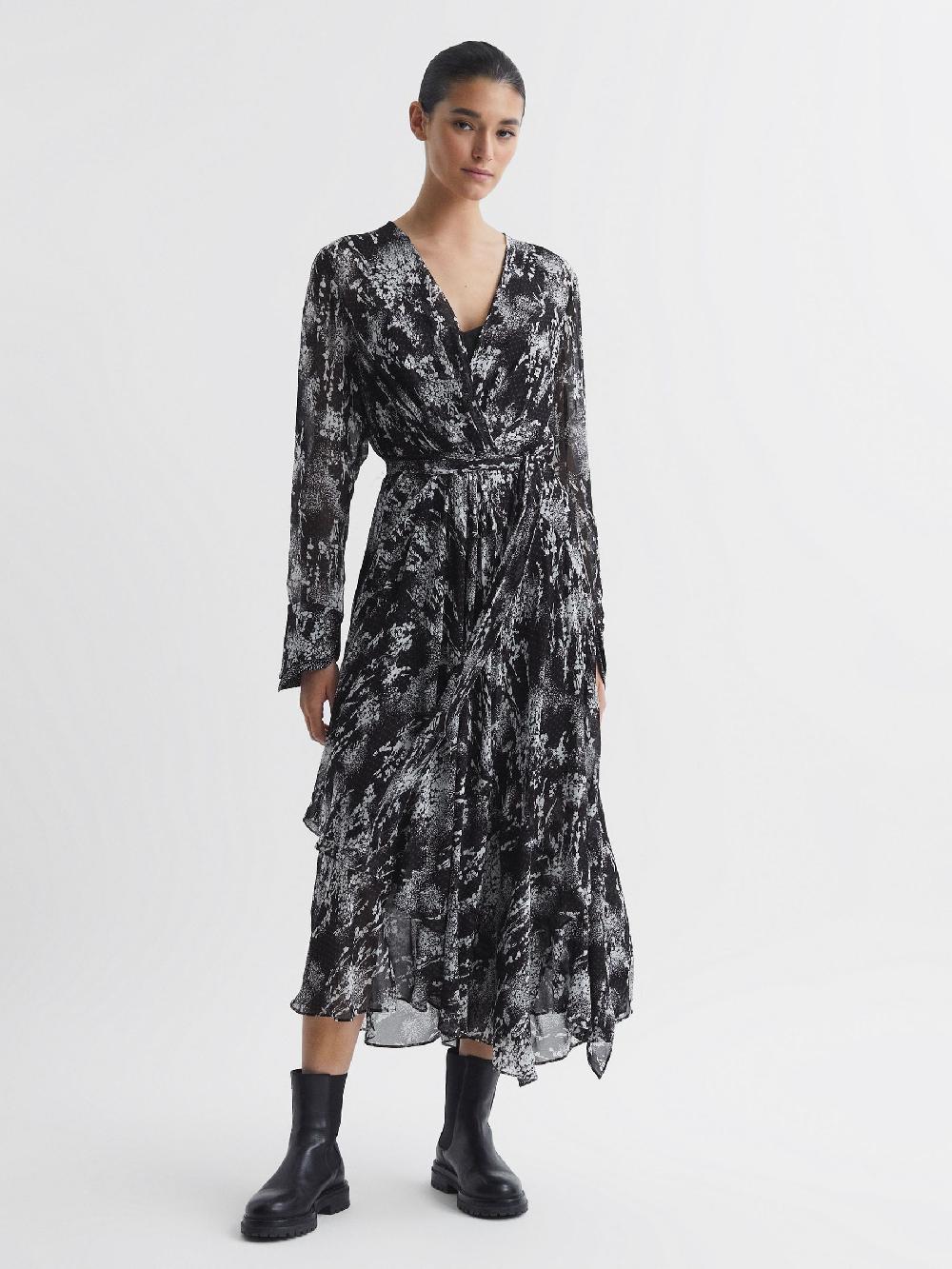 Reiss Belted Ruffle Printed Midi Dress In Black