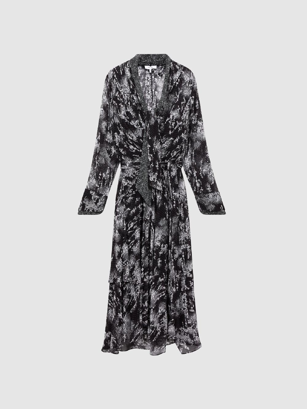 Reiss Belted Ruffle Printed Midi Dress In Black