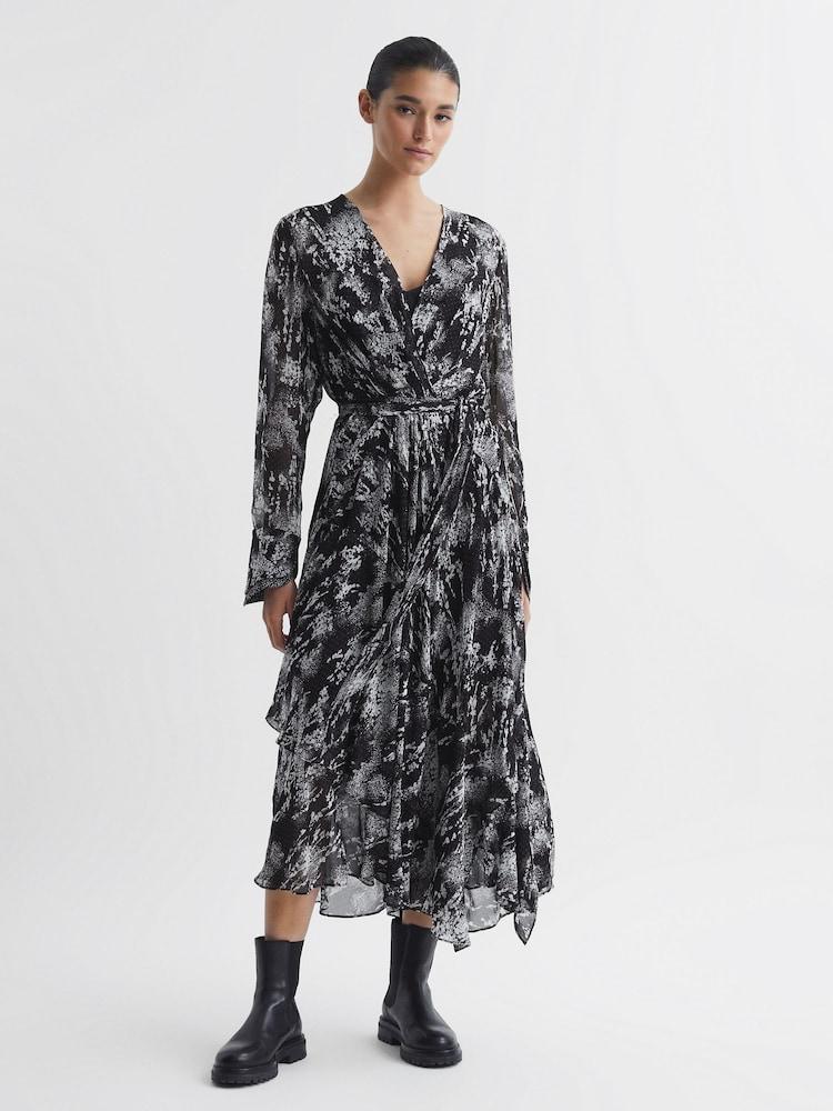 reiss Belted Ruffle Printed Midi Dress in Black