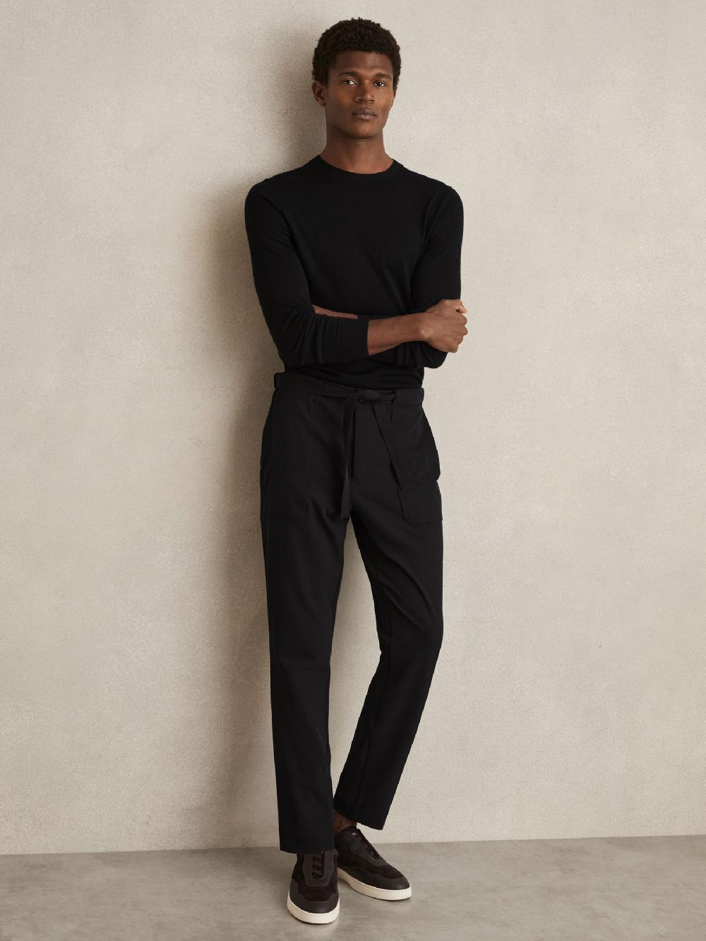 Reiss Belted Technical Tapered Trousers In Black