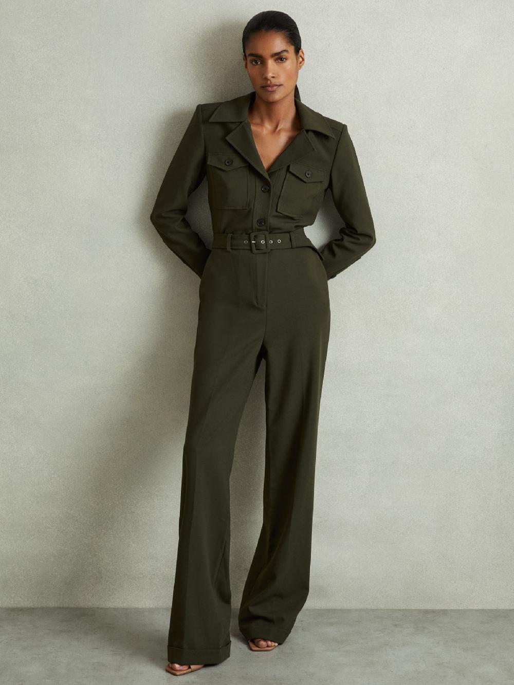 Reiss Belted Utility Jumpsuit In Dark Green