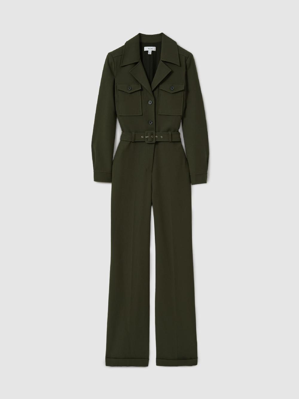Reiss Belted Utility Jumpsuit In Dark Green