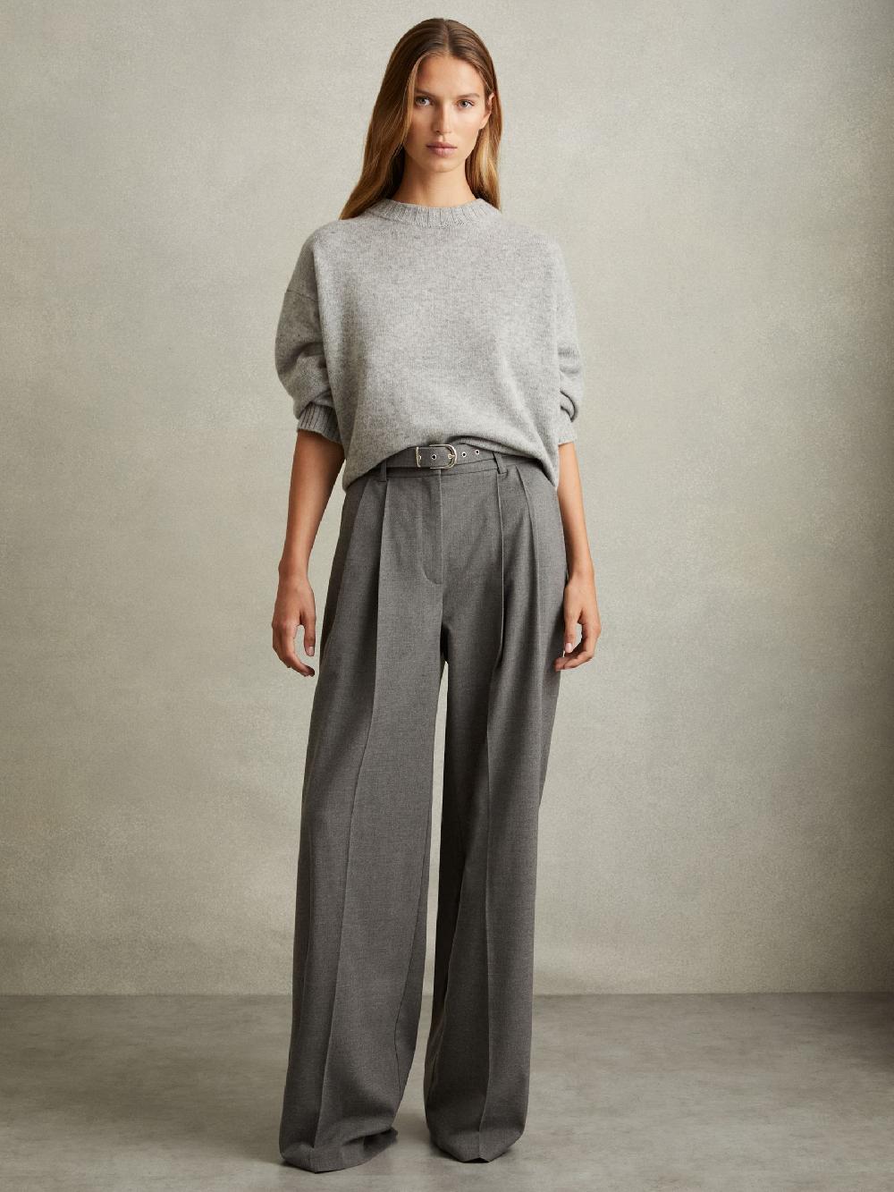 Reiss Belted Wide Leg Trousers In Grey