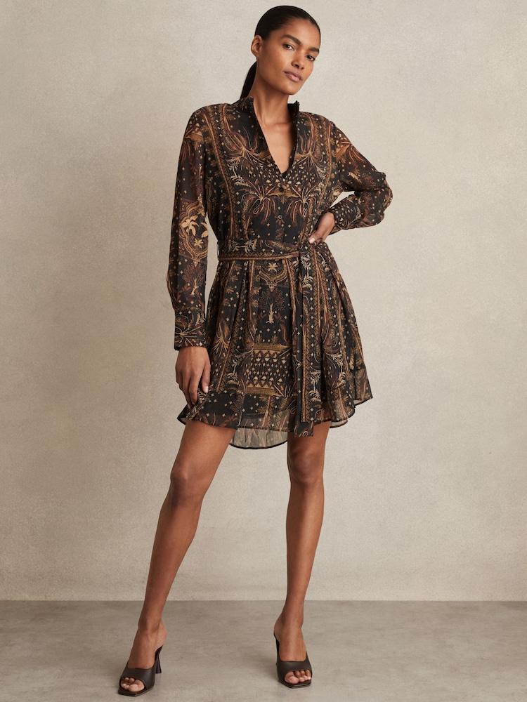 reiss Botanical-Print Chiffon Mini Dress in Navy