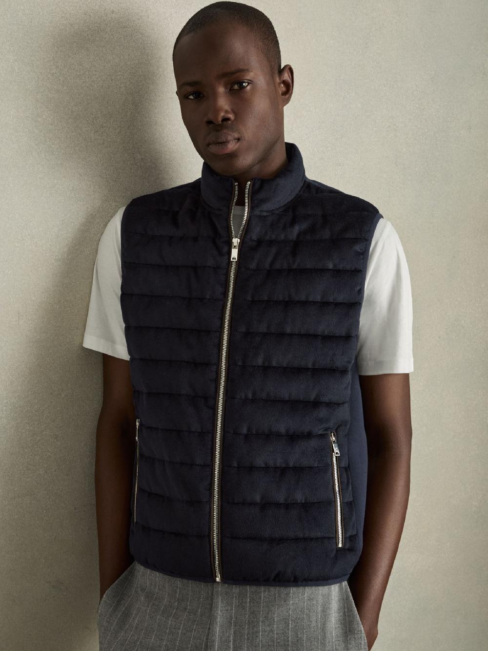 Reiss Brushed Jersey Quilted Gilet In Navy