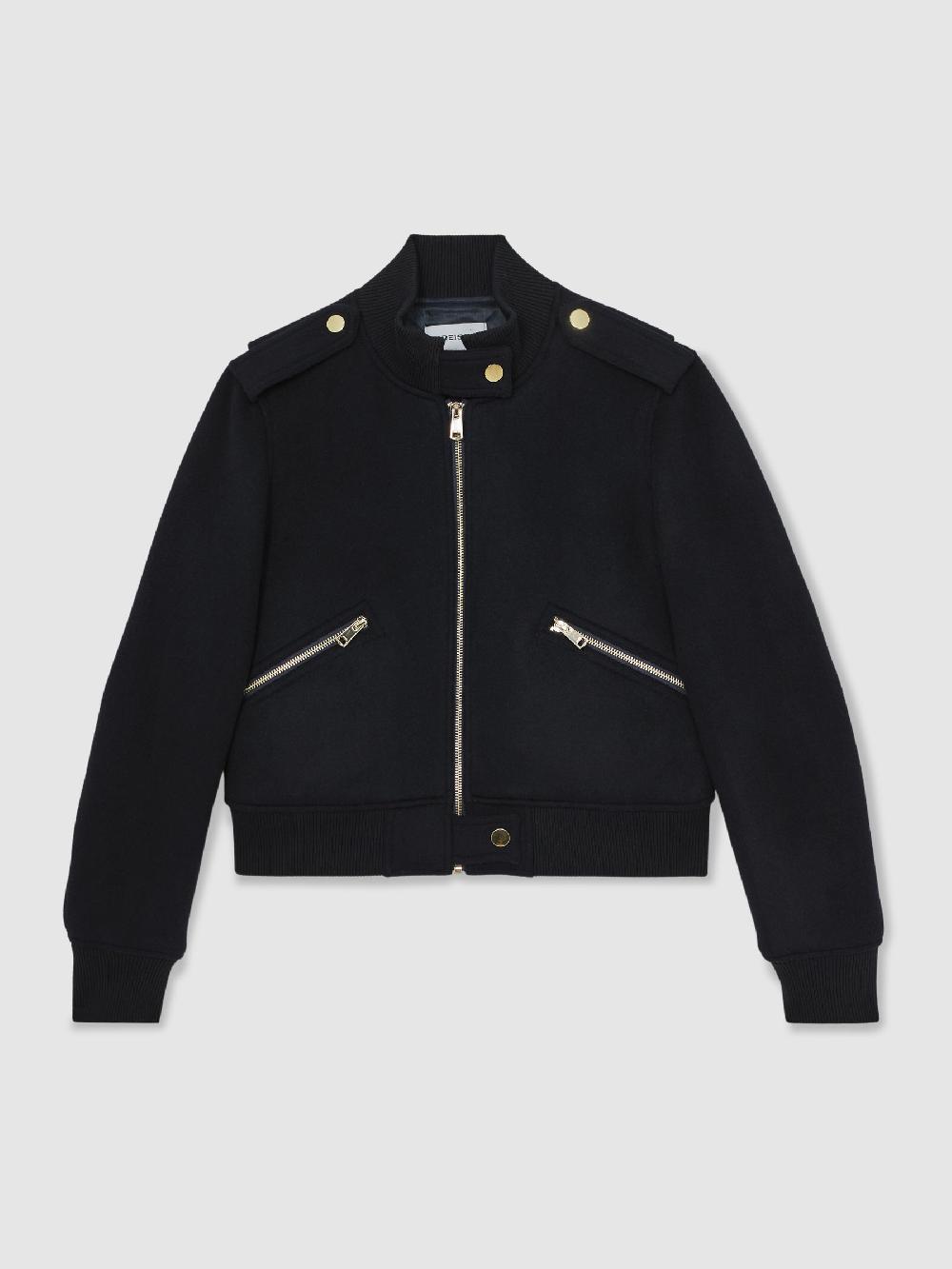Reiss Brushed Wool Epaulette Bomber Jacket In Navy