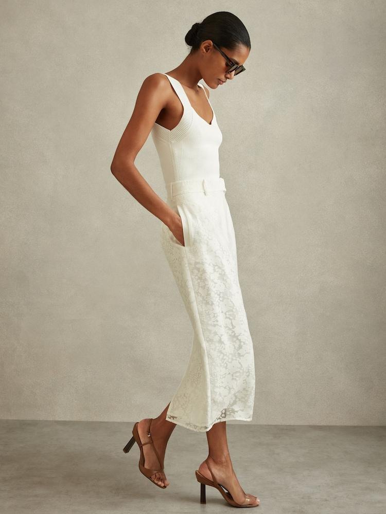 reiss Burnout Floral Midi Skirt in Ivory