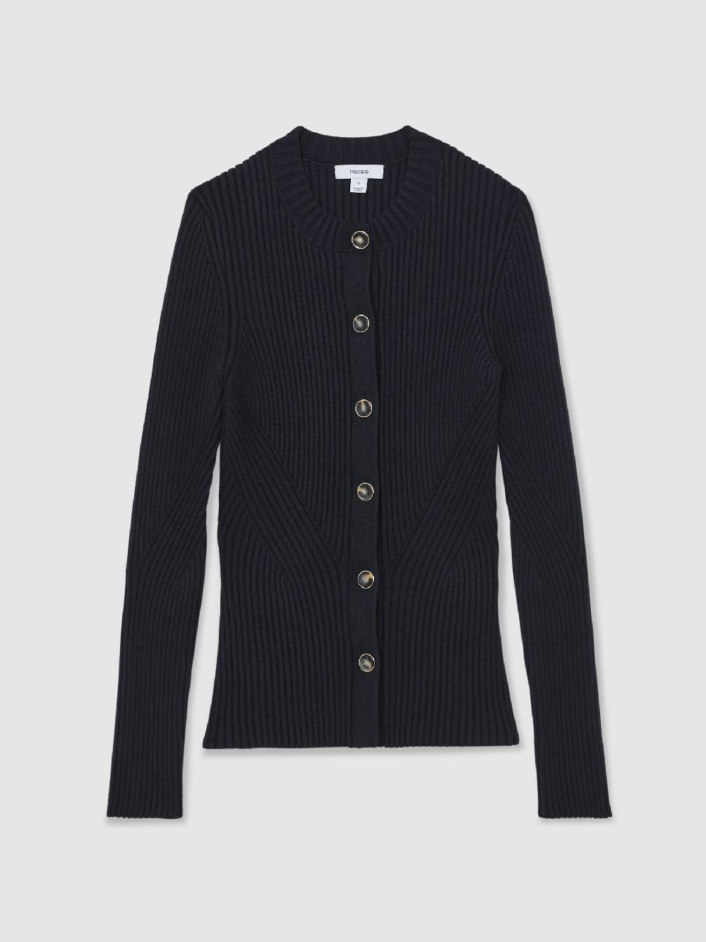 Reiss Button Front Knit Cardigan In Navy