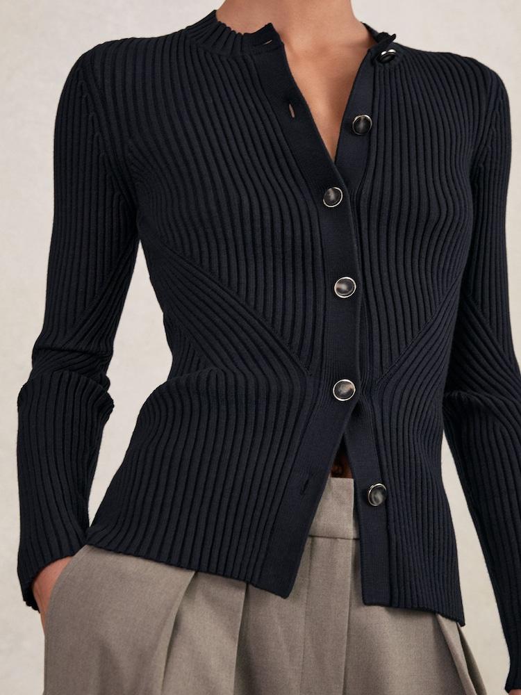 reiss Button Front Knit Cardigan in Navy