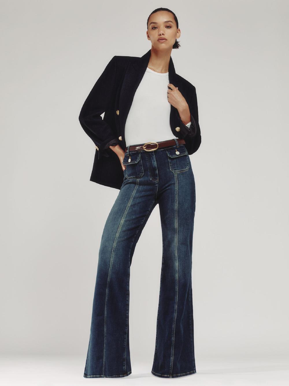 Reiss Button-Pocket Flared Jeans In Mid Blue