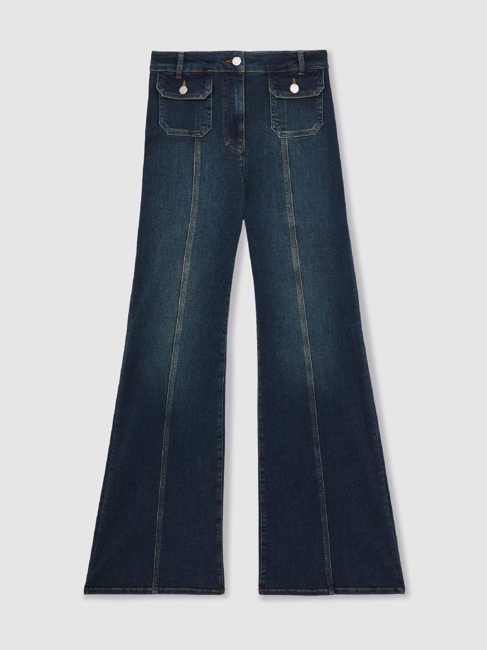 Reiss Button-Pocket Flared Jeans In Mid Blue