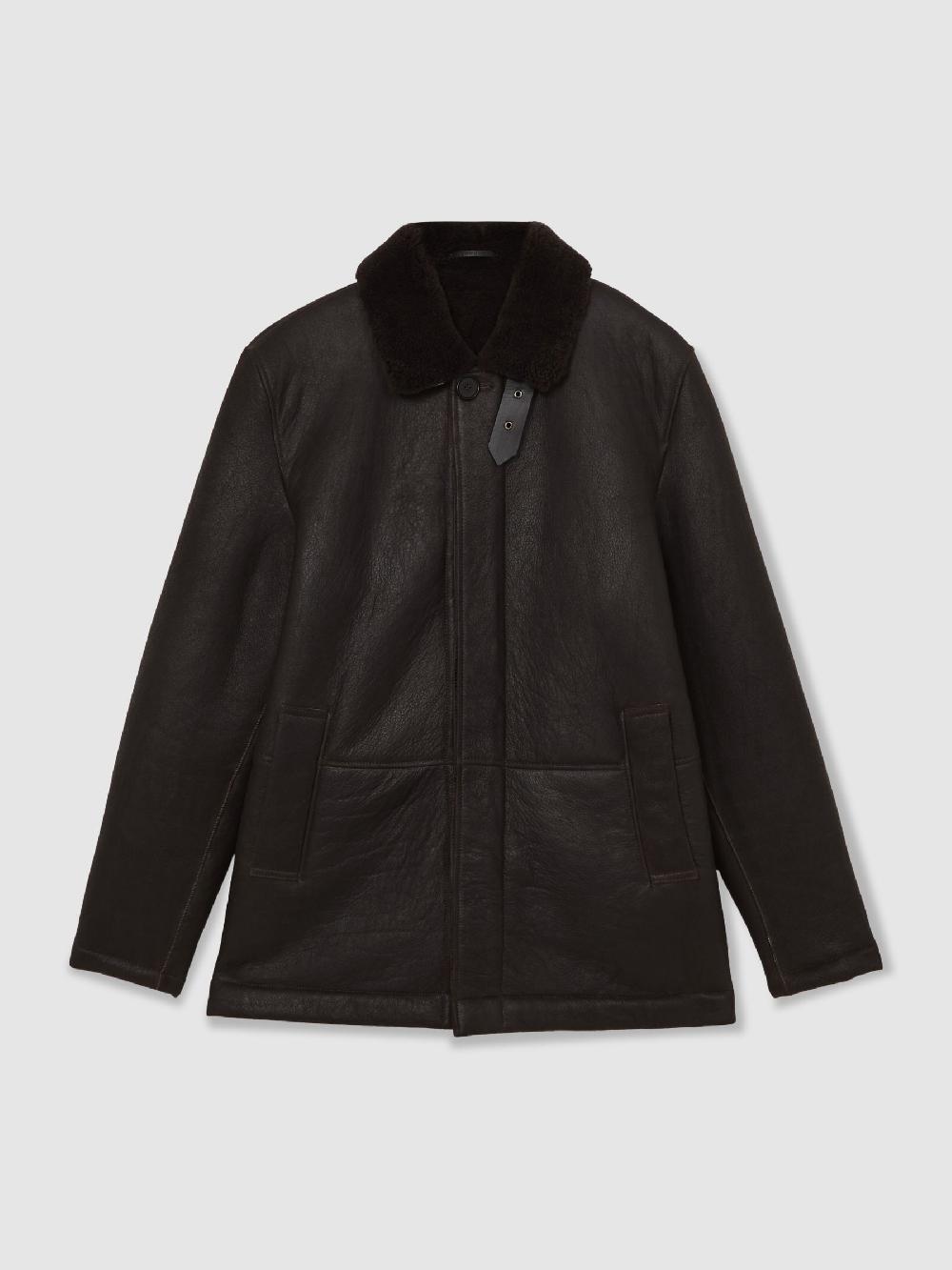 Reiss Button-Through Shearling Jacket In Brown