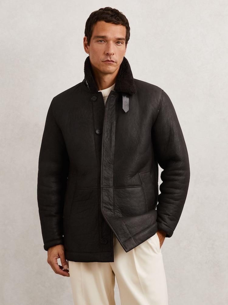 reiss Button-Through Shearling Jacket in Brown