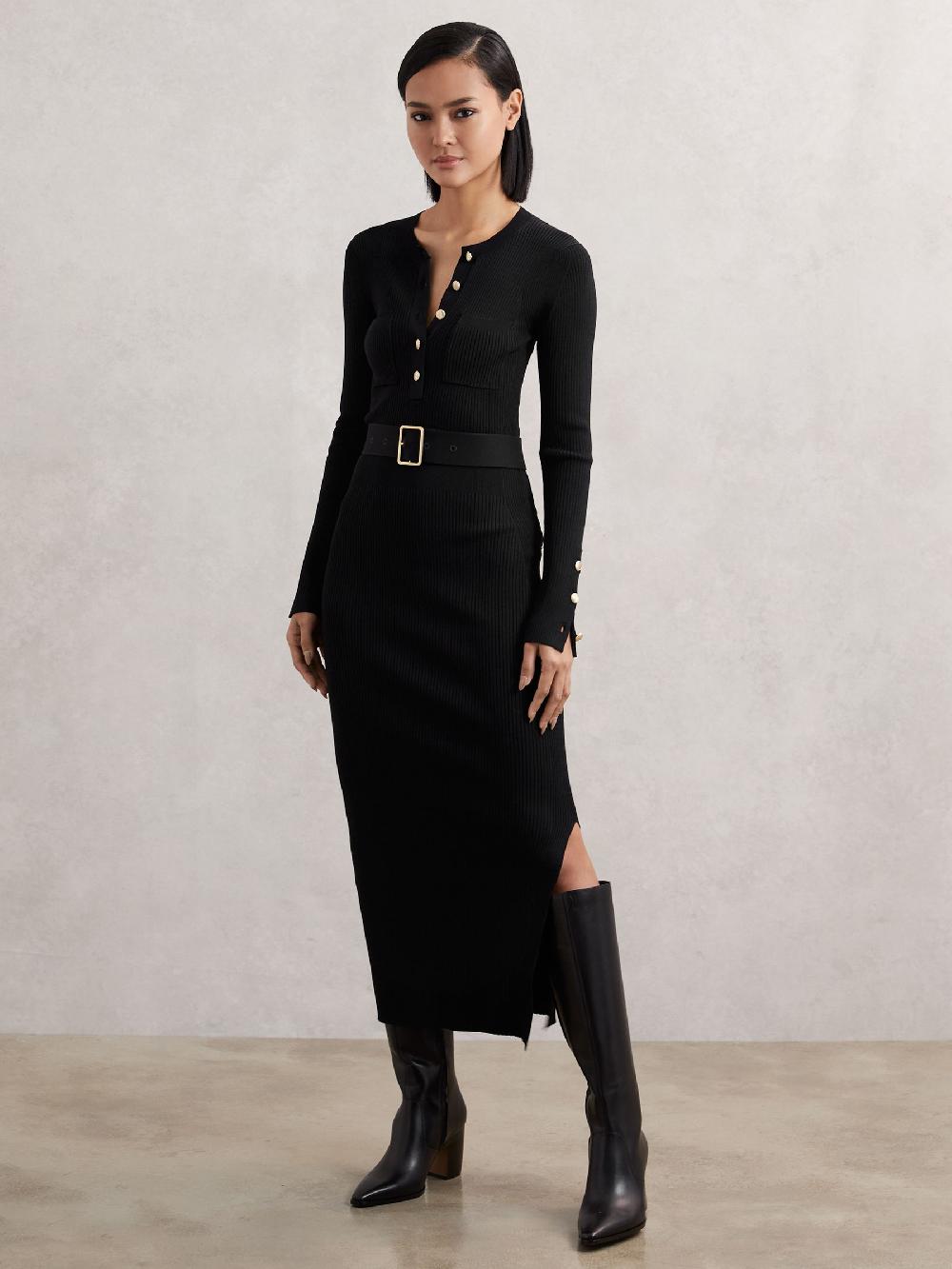 Reiss Buttoned Rib-Knit Midi Dress In Black