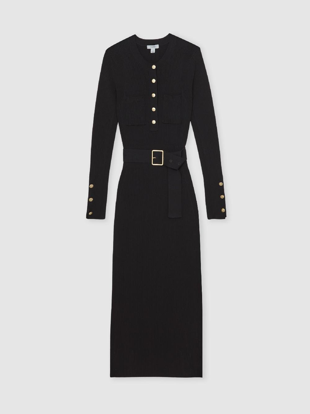 Reiss Buttoned Rib-Knit Midi Dress In Black