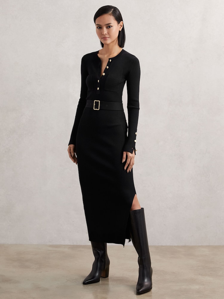 reiss Buttoned Rib-Knit Midi Dress in Black