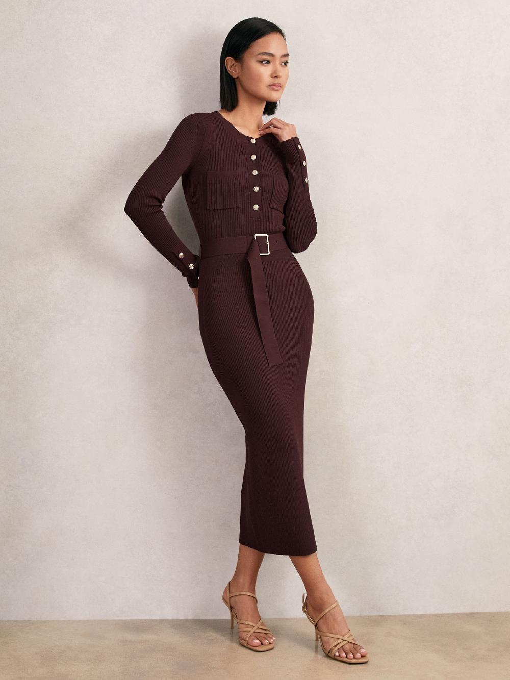 Reiss Buttoned Rib-Knit Midi Dress In Burgundy