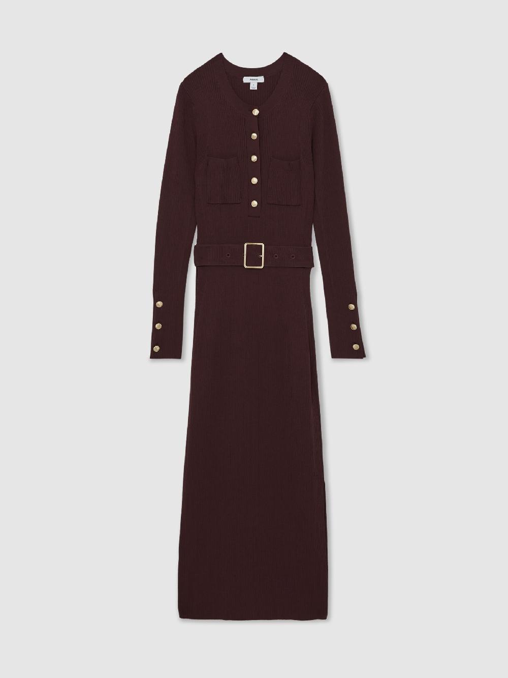 Reiss Buttoned Rib-Knit Midi Dress In Burgundy