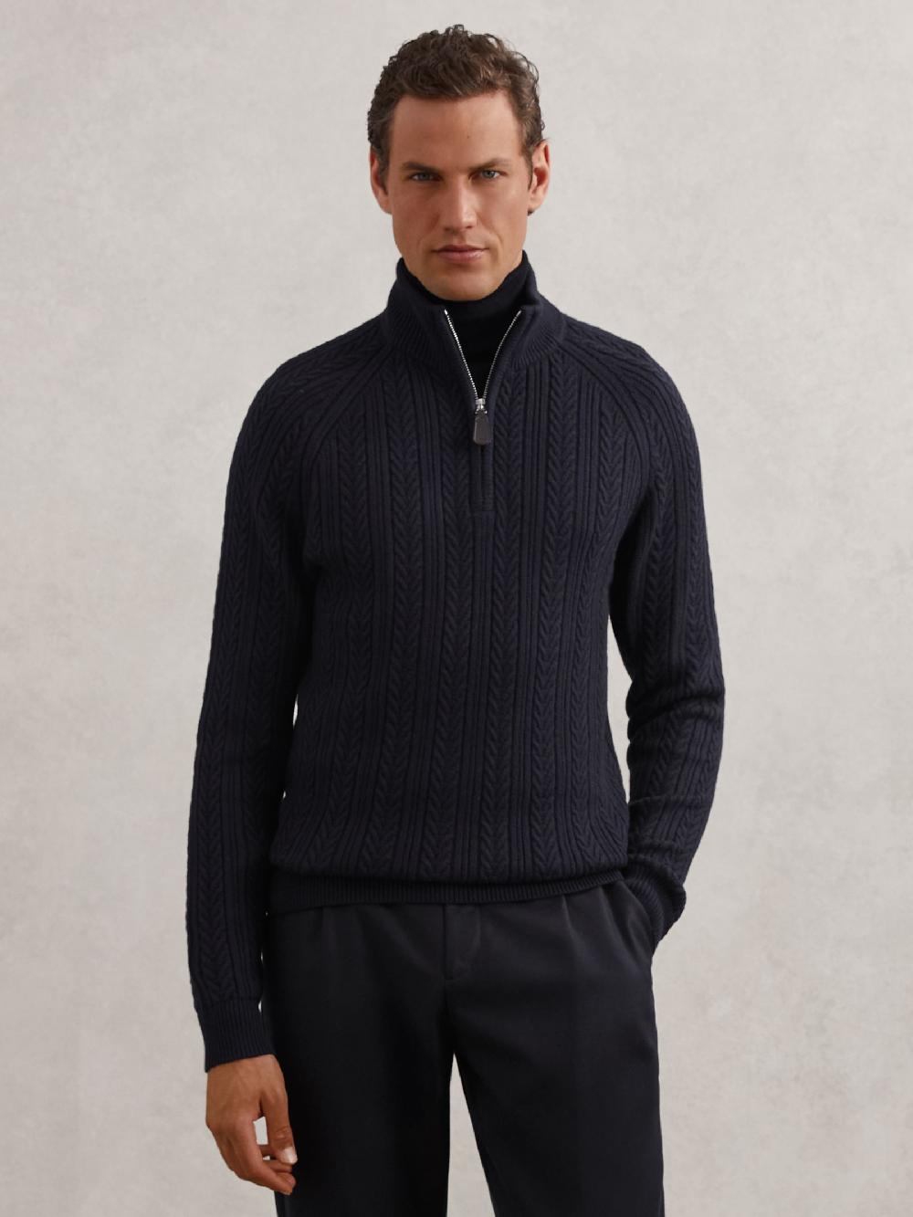 Reiss Cable-Knit Half-Zip Jumper With Wool In Navy