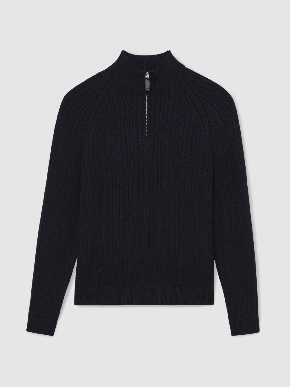 Reiss Cable-Knit Half-Zip Jumper With Wool In Navy