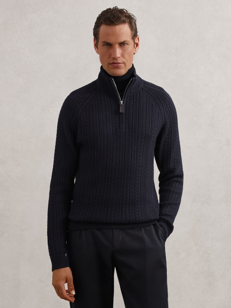 reiss Cable-Knit Half-Zip Jumper with Wool in Navy