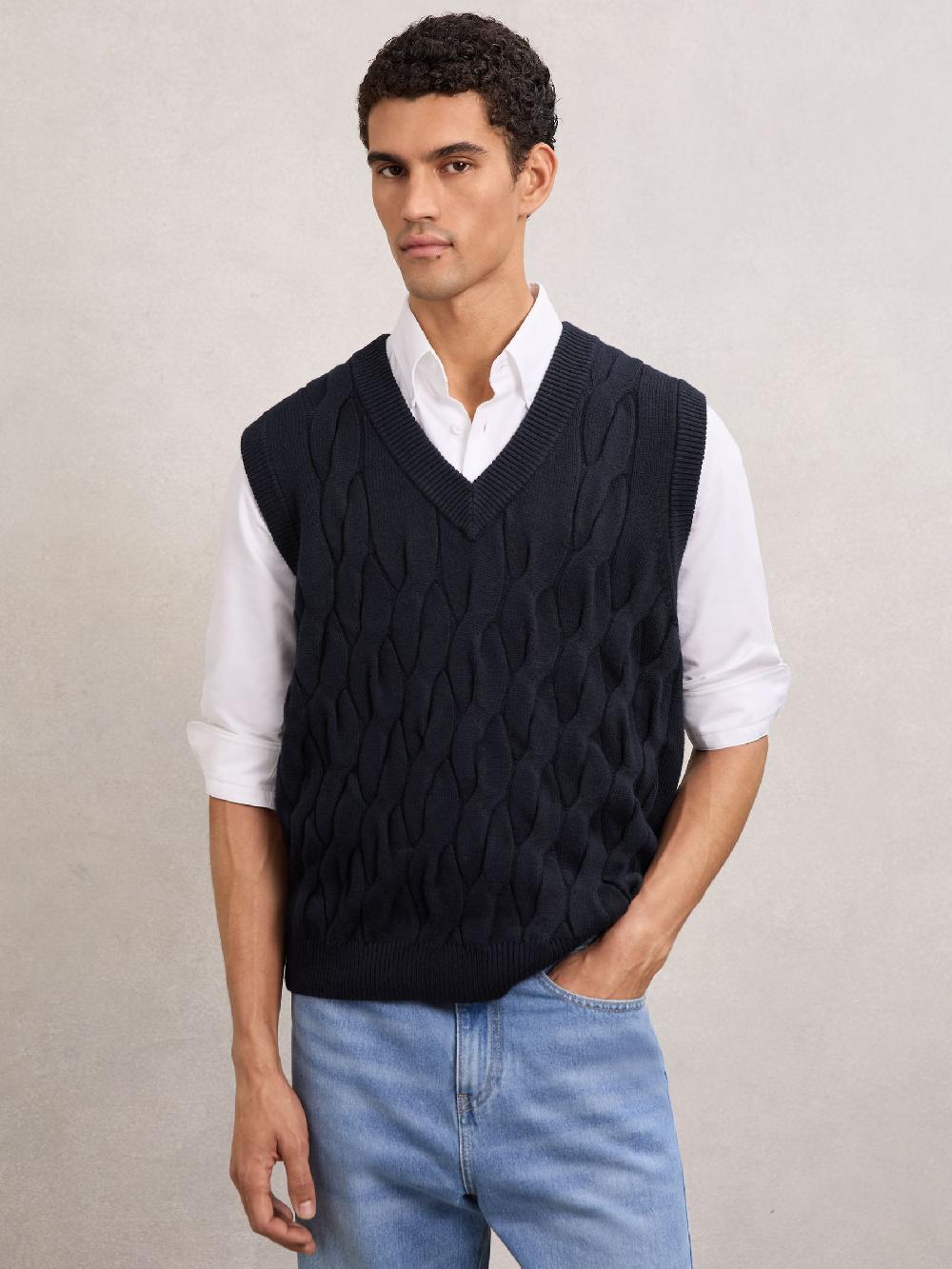 Reiss Cable-Knit V-Neck Vest With Wool In Navy
