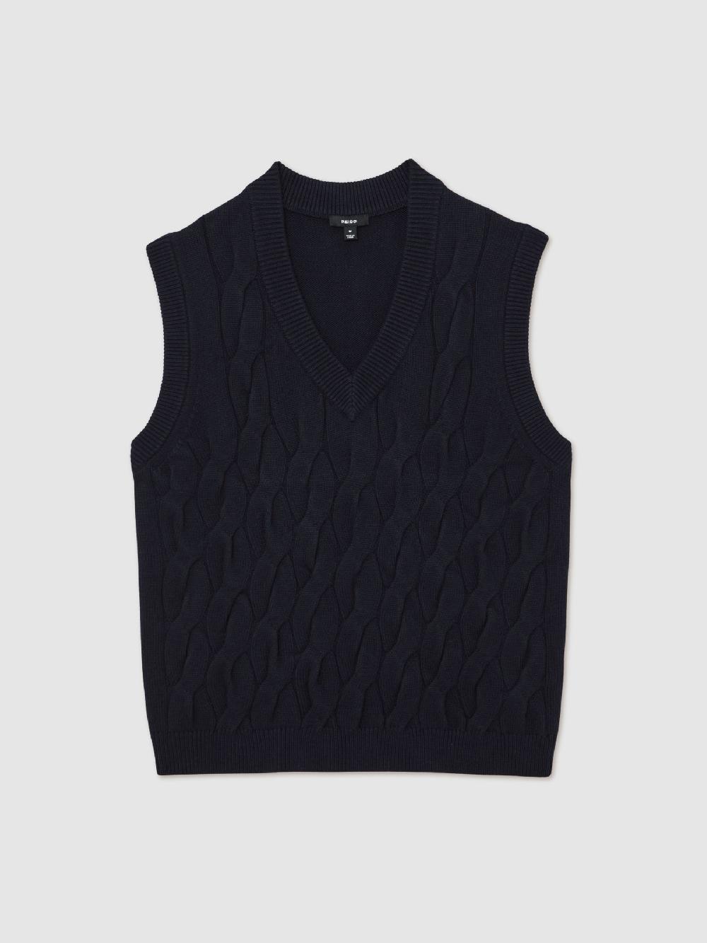 Reiss Cable-Knit V-Neck Vest With Wool In Navy