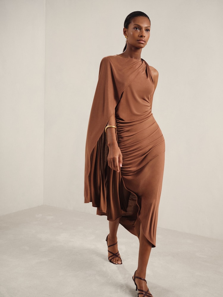 reiss Cape Sleeve Jersey Dress in Brown