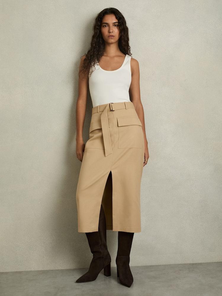 reiss Cargo Pencil Skirt With Cotton in Camel