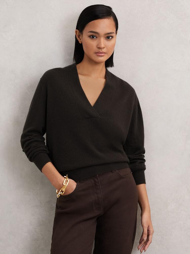 reiss Cashmere V-Neck Jumper in Chocolate Brown