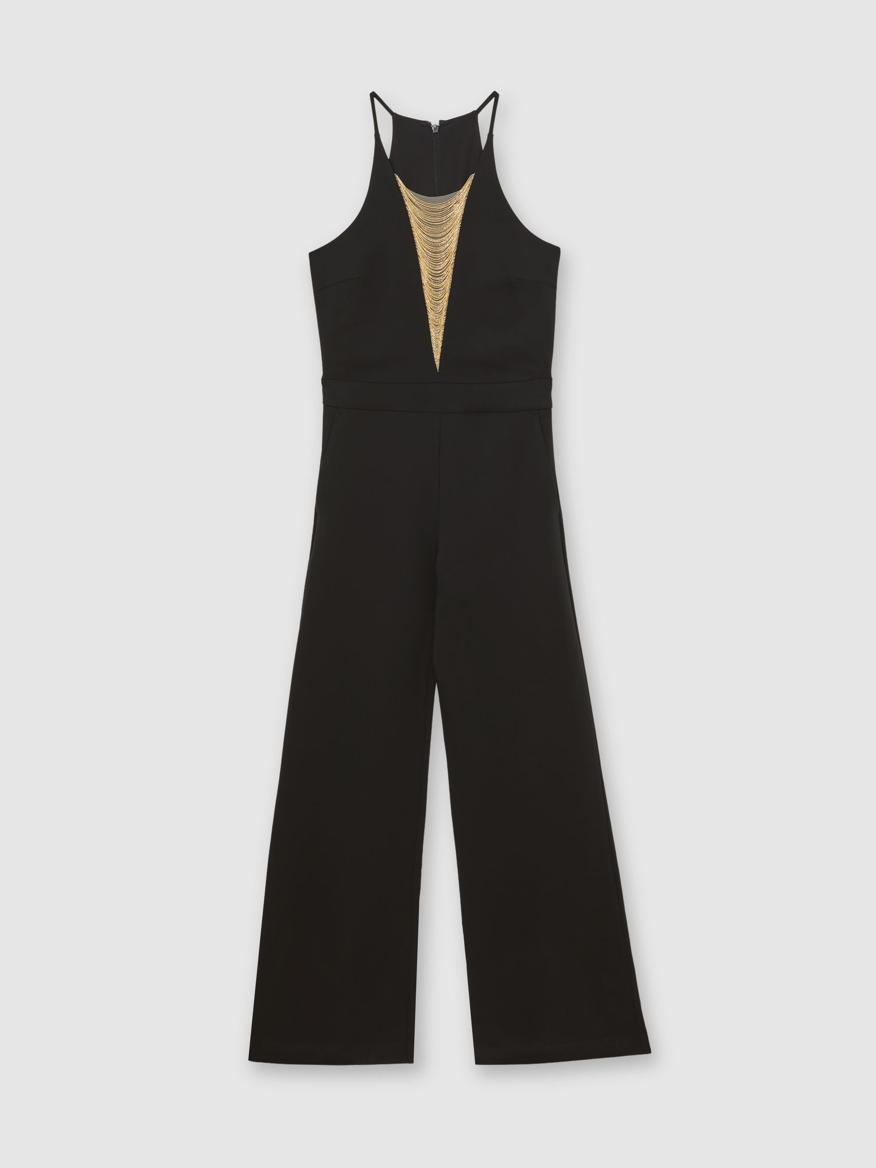Reiss Chain-Detail Flared-Leg Jumpsuit In Black